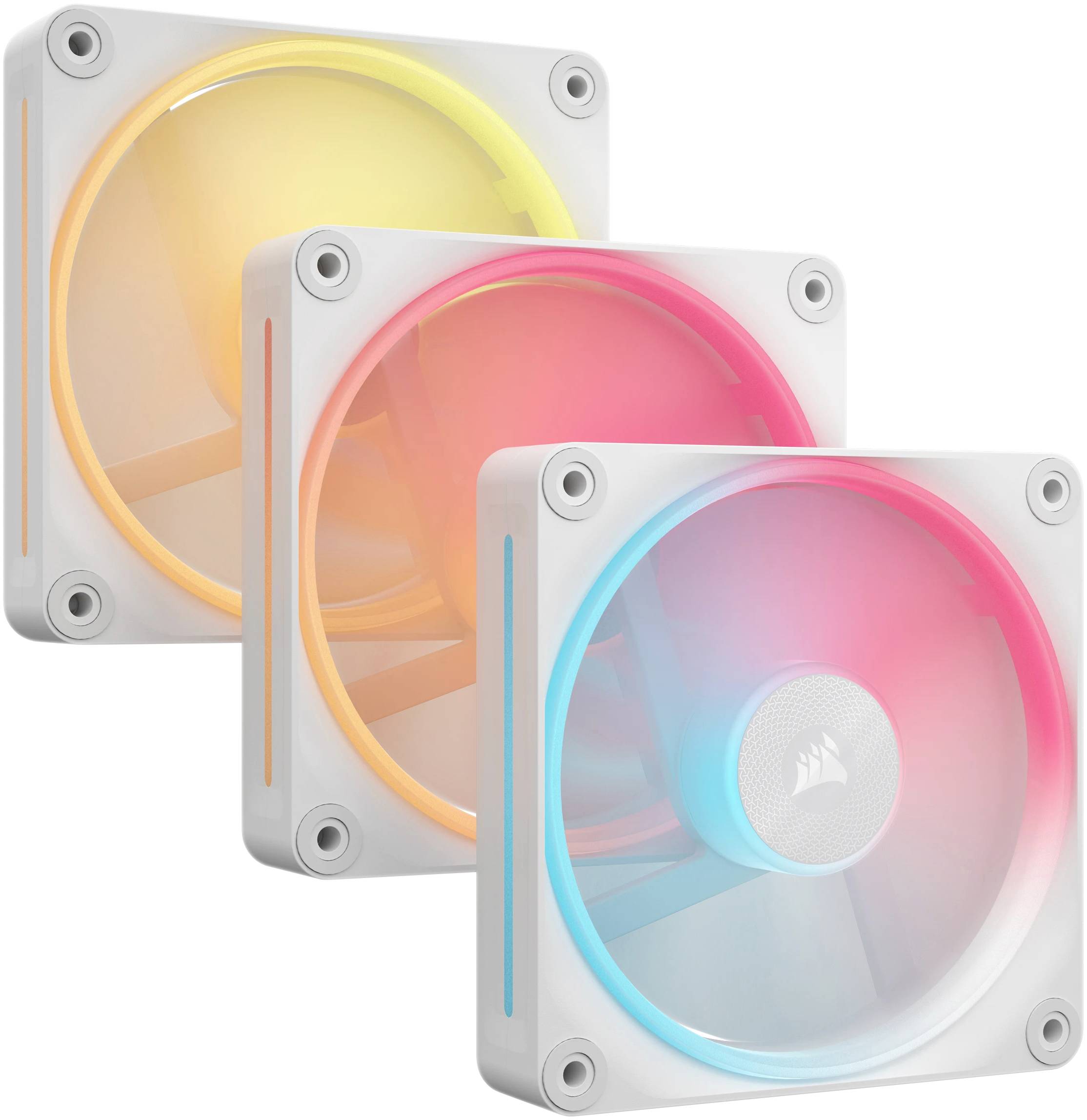 Tri počítačové ventilátory s farebným RGB svetlom v žltej, červenej a modrej farbe, usporiadané v prekrytí. Biele rámy štvorcového tvaru.