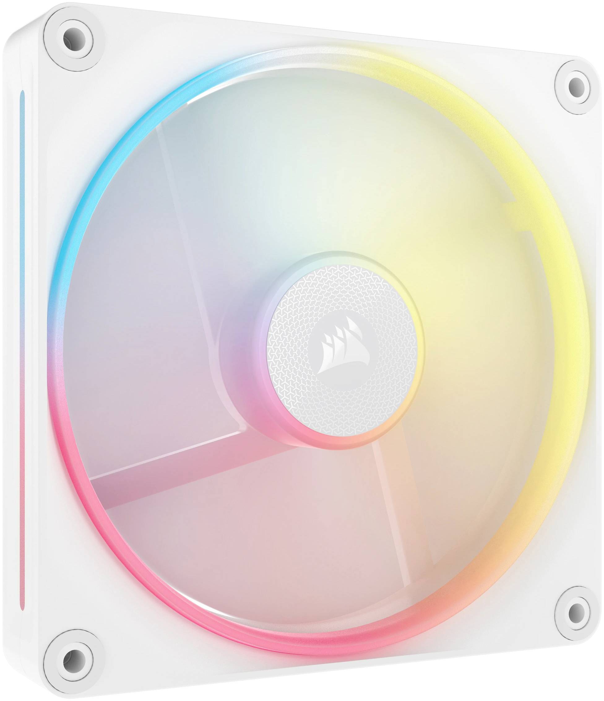 Počítačový ventilátor s farebnými RGB podsvietením, štvorcového dizajnu so zaoblenými rohmi. Logo v strede ventilátora.
