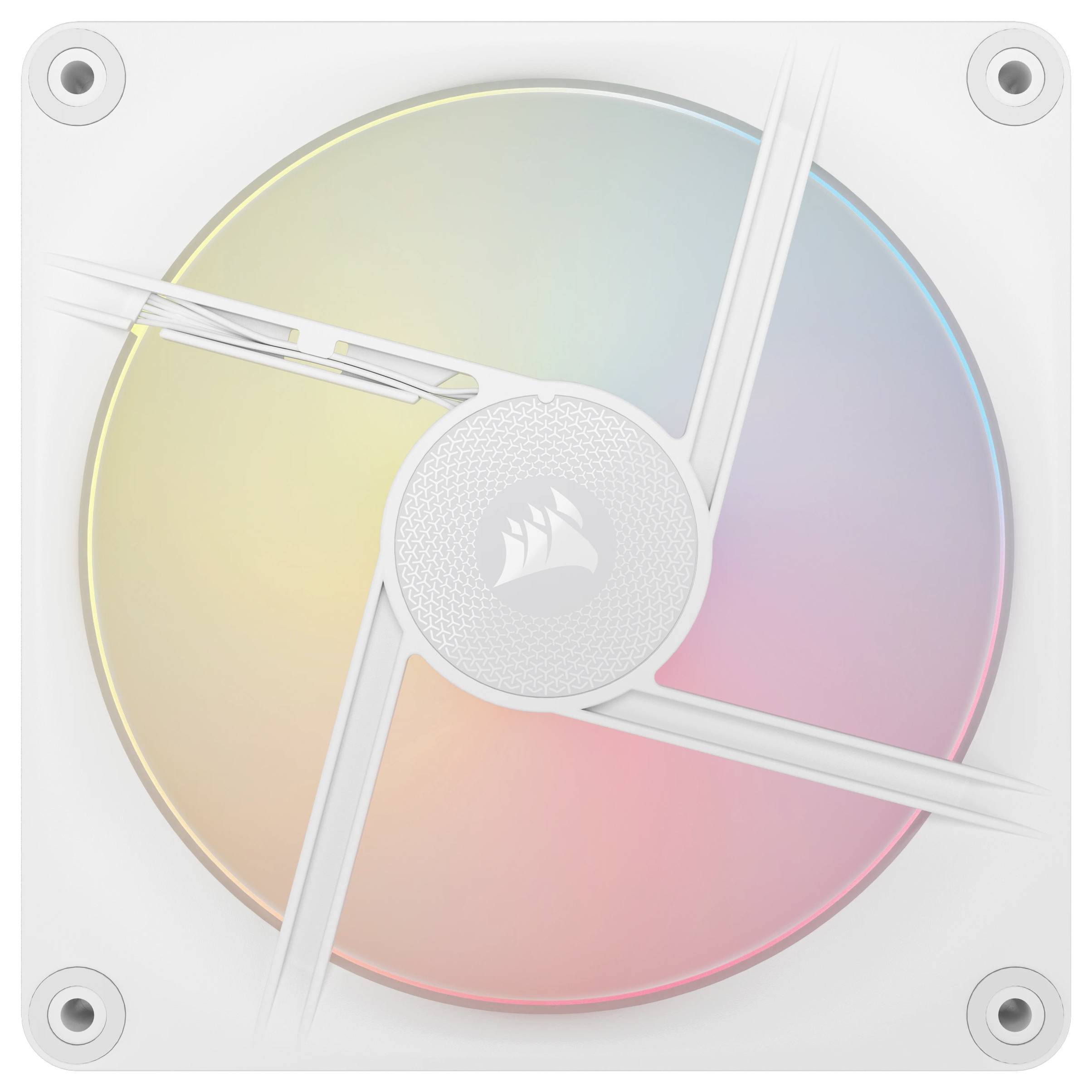 Počítačový ventilátor s RGB podsvietením, ktorý prechádza farebnými odtieňmi od žltej cez ružovú až po modrú, s firemným logom v strede.