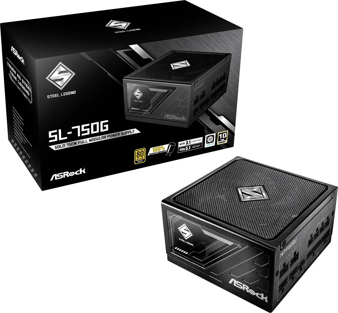 Sieťový zdroj 'ASRock SL-750G' s výkonom 750 W, modulárny, certifikovaný 80 Plus Gold, zobrazený vedľa svojho obalu.