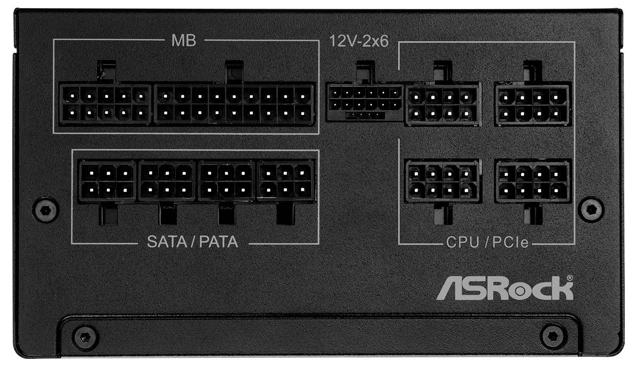 Pripojovacie pole napájacieho zdroja s konektormi pre základnú dosku, 12V-2x6, SATA/PATA a CPU/PCIe. Značka ASRock v pravom dolnom rohu.