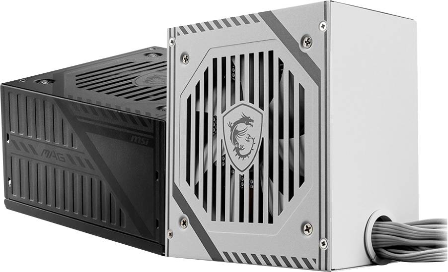 Strieborný počítačový zdroj s ventilátorom na prednej strane, napájací kábel vychádza z krytu napravo.