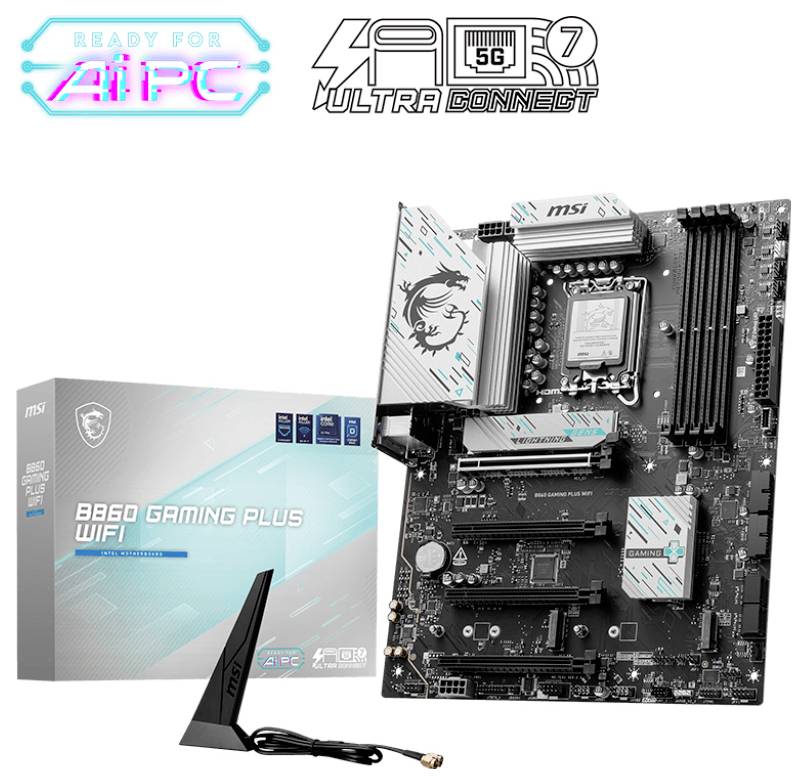 Základná doska MSI B860 Gaming Plus WiFi a balenie. Základná doska podporuje AI PC a Ultra Connect 5G. Anténa je súčasťou balenia.