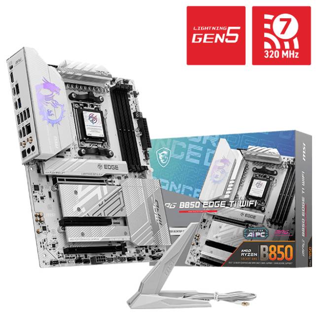 Strieborná základná doska 'B650 EDGE WIFI' od MSI pre procesory AMD Ryzen je zobrazená vo svojom obale. Vedľa základnej dosky leží anténa, ktorá podporuje Gen5 a 320 MHz.