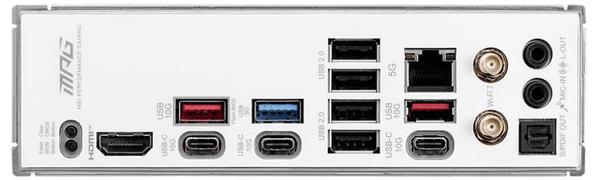 Zadná strana počítača s USB portami, HDMI vstupom, audio konektormi, sieťovým rozhraním a anténnymi konektormi pre WiFi.