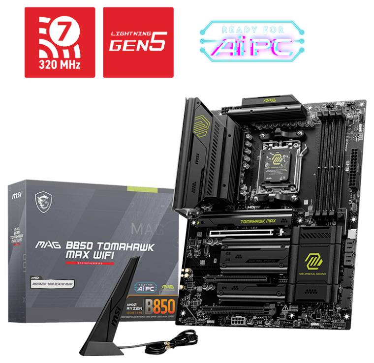 Základná doska MSI MAG B650 TOMAHAWK MAX WIFI vedľa obalu, zobrazujúca možnosti pripojenia a moderné technologické funkcie.