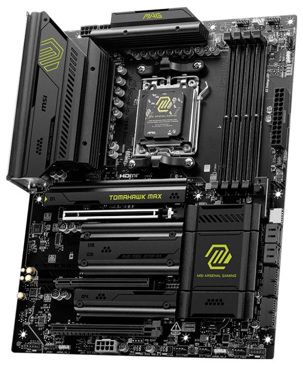 Obrázok zobrazuje počítačovú základnú dosku (motherboard) s viacerými slotmi a konektormi. Nesie logo 'MSI MAG Tomahawk Max'.