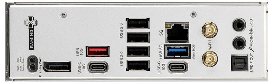 Zadná strana počítačovej základnej dosky s rôznymi možnosťami pripojenia vrátane USB portov, ethernetového pripojenia, audio konektorov a Wi-Fi.