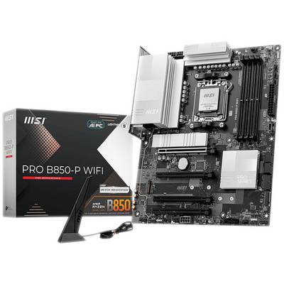 Obrázok zobrazuje základnú dosku MSI PRO B850-P WIFI vedľa jej obalu. Doska má zabudovanú WiFi funkcionalitu a rôzne rozhrania pre pripojenie komponentov.