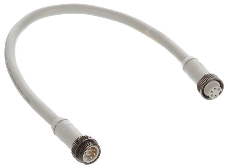 Sivý prepojovací kábel s dvoma konektormi, ktorý sa používa na elektrické pripojenia.
