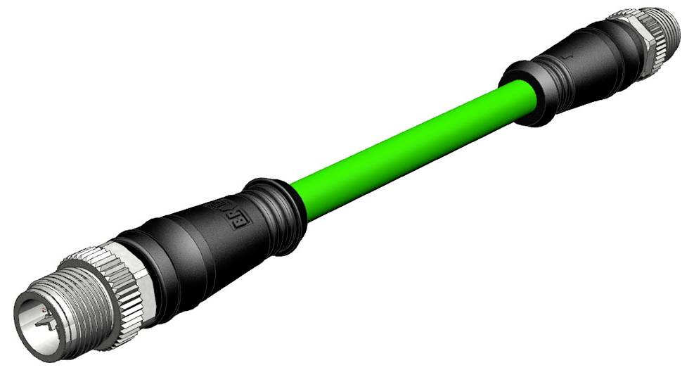 Zelený priemyselný prepojovací kábel s kovovými konektormi na oboch koncoch, určený na prenos dát alebo elektrického prúdu.