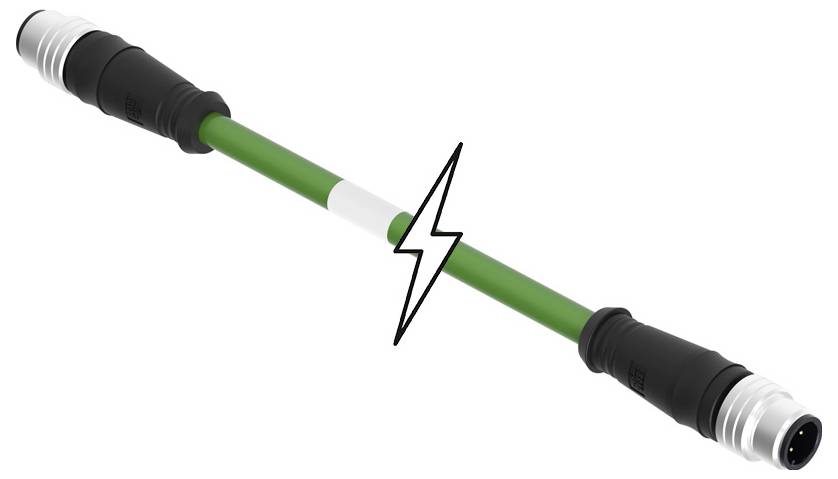 Zelený prepojovací kábel s čiernymi a striebornými konektormi na oboch koncoch, so symbolom blesku na kábli.