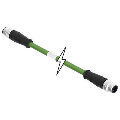 Zelený prepojovací kábel s čiernymi a striebornými konektormi na oboch koncoch, so symbolom blesku na kábli.