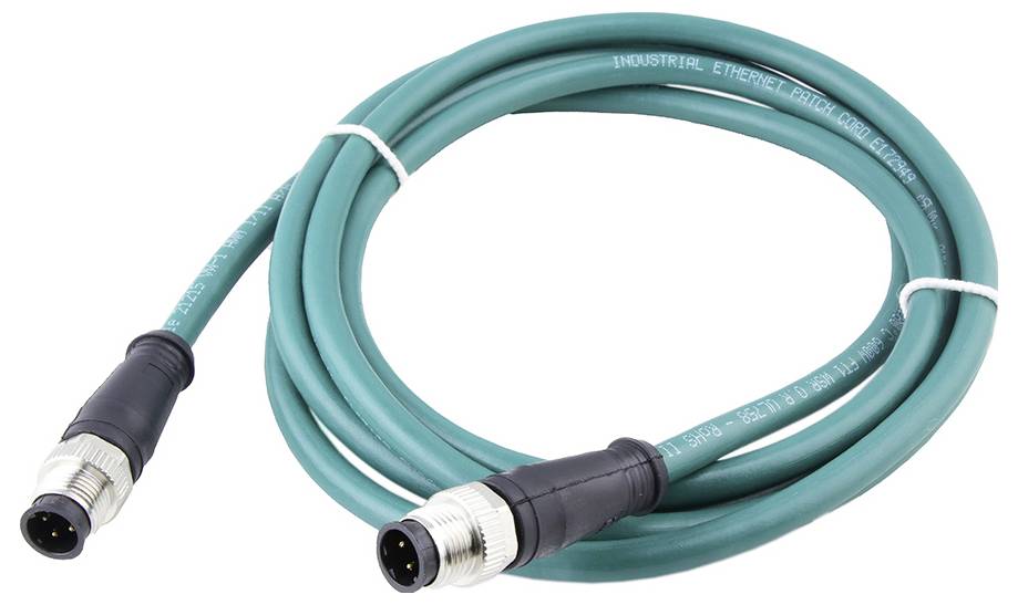Zelený ethernetový kábel s dvoma čiernymi konektormi na oboch koncoch, vhodný pre priemyselné použitie.