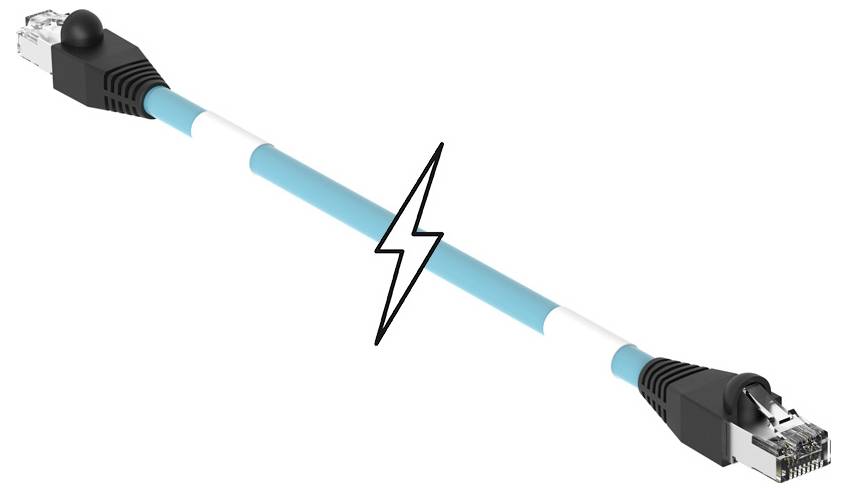 Modro-biele ethernetové káble s bleskom uprostred, ktorý symbolizuje konektivitu alebo sieťové pripojenie.