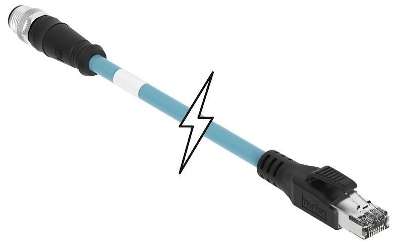Priemyselný ethernetový kábel s konektorom RJ45 a prípojkou M12, ilustrovaný bleskom v strede.