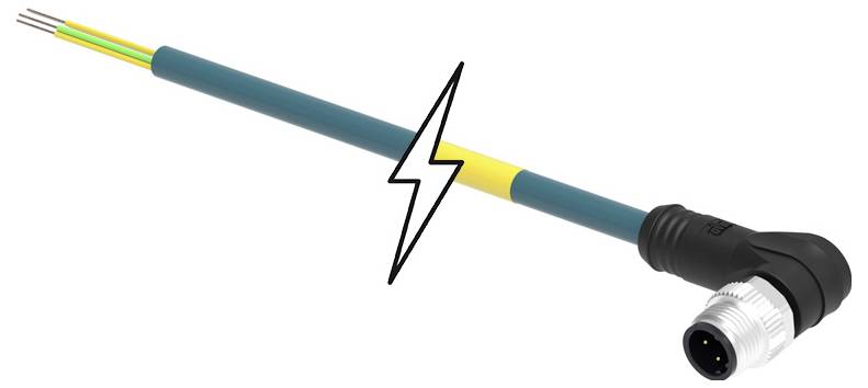 Zahnutý M12 konektor s káblom, ktorý je izolovaný žlto-zelenou farbou, symbolizuje prenos elektrickej energie.