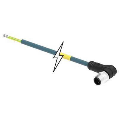 Zahnutý M12 konektor s káblom, ktorý je izolovaný žlto-zelenou farbou, symbolizuje prenos elektrickej energie.