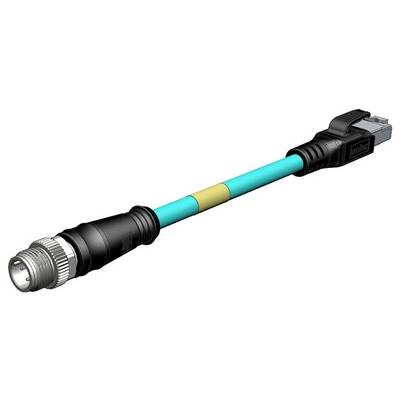 Modrý ethernetový kábel s čiernym konektorom na oboch koncoch, používaný na prenos dát v sieťach.