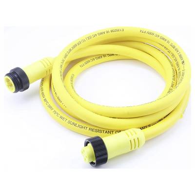 Žltý špirálový elektrický kábel s čiernymi koncovkami na oboch stranách, s nápisom 'Odolný proti vlhkosti a slnečnému žiareniu' na povrchu.