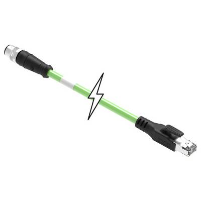M12 X-Code ethernetový konektor je pripojený zeleným svietiacim káblom ku konektoru RJ45, čo symbolizuje sieťové prepojenie.