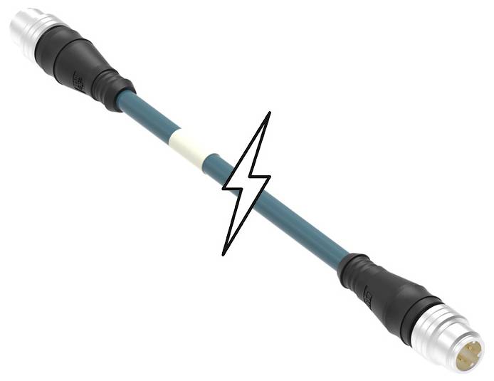 Modrý kábel s čiernymi a striebornými konektormi na oboch koncoch má v strede symbol blesku znázorňujúci elektrickú prípojku.