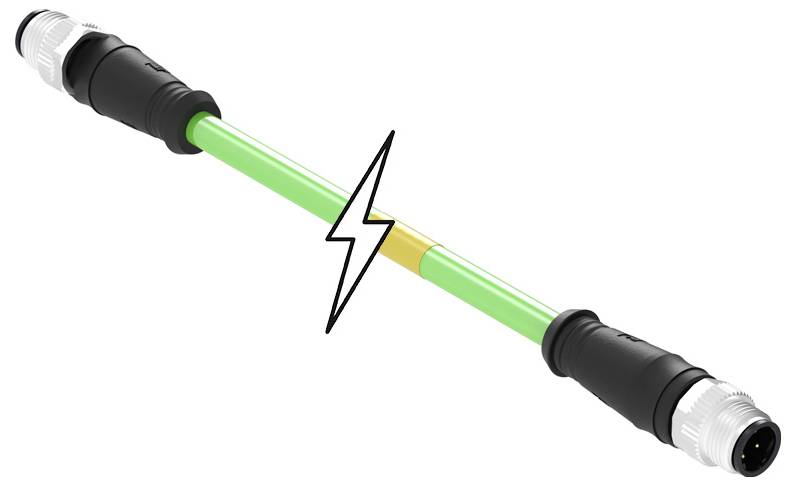 Zelený prepojovací kábel s čiernymi konektormi na oboch koncoch. Blesk v strede naznačuje elektrickú funkciu.