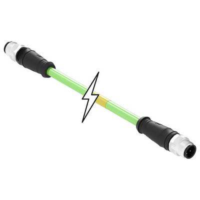 Zelený prepojovací kábel s čiernymi konektormi na oboch koncoch. Blesk v strede naznačuje elektrickú funkciu.