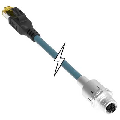 Ethernet priemyselný kábel so zástrčkou je znázornený, pričom symbol blesku uprostred naznačuje rýchly prenos dát.