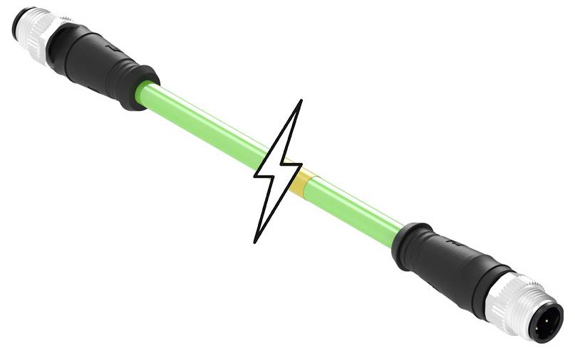 Zelený kábel so zástrčkami na oboch koncoch, uprostred symbol blesku.
