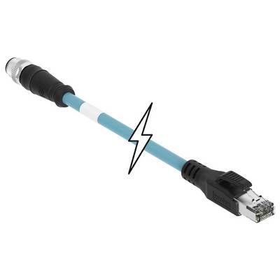 Tyrkysový priemyselný ethernetový kábel s RJ45 konektorom na pravej strane a robustným priemyselným konektorom na ľavej strane.