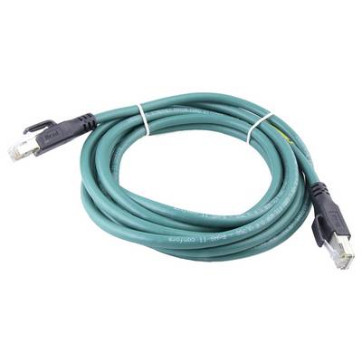 Zelený ethernetový kábel, navinutý, s priehľadnými konektormi na oboch koncoch.