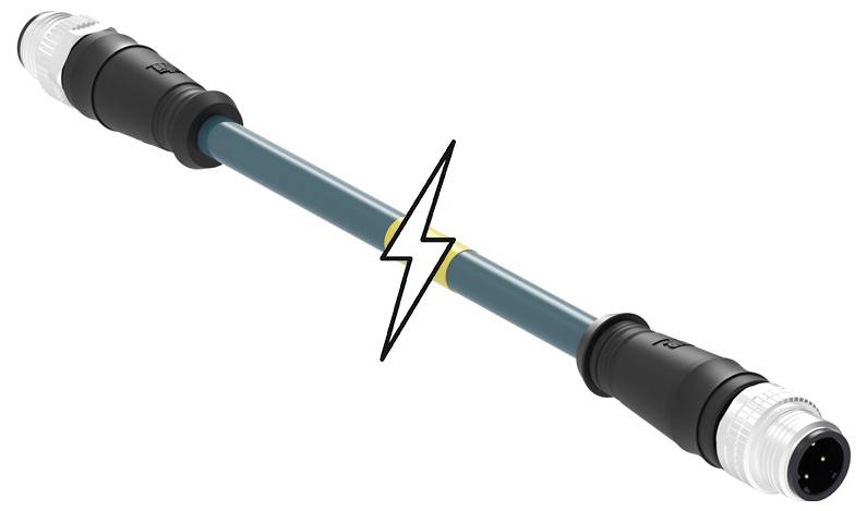 Elektrický prepojovací kábel so zástrčkami na oboch koncoch, oddelený bleskom uprostred.