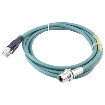 Zelený ethernetový kábel s RJ45 konektorom na jednej strane a okrúhlym kovovým konektorom na druhej strane.