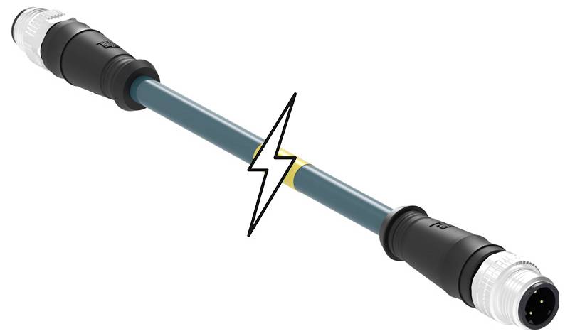 Zelený elektrický kábel s čiernymi plastovými konektormi na oboch koncoch, uprostred so žltým symbolom blesku.