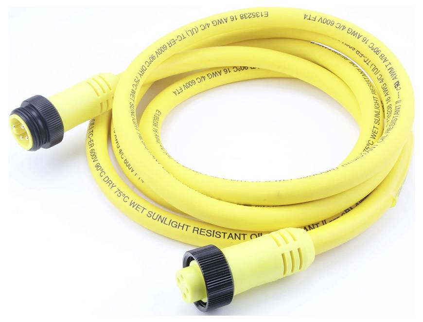 Žltý elektrický kábel s čiernymi koncovými konektormi, vhodný do exteriéru, odolný voči UV žiareniu a vode. Dĺžka približne 3 metre.