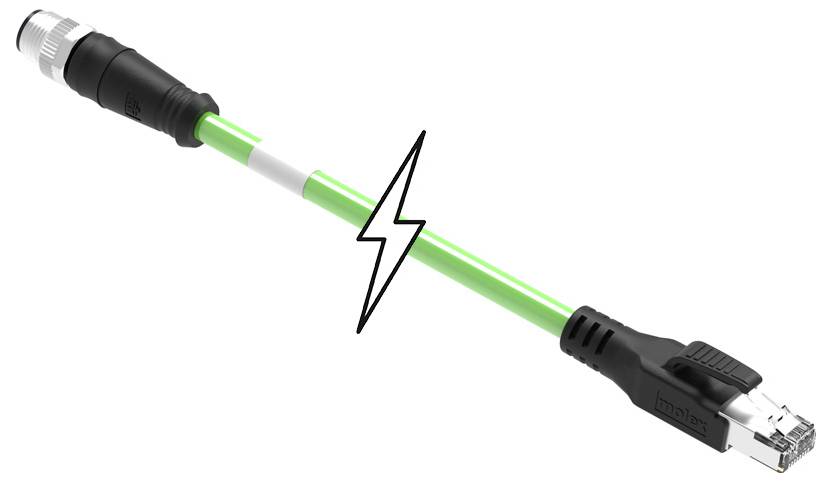 Kábel s M12 konektorom na jednej strane a RJ45 konektorom na druhej strane. Symbol blesku uprostred naznačuje, že ide o vysoko výkonný kábel.