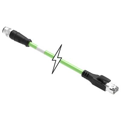 Kábel s M12 konektorom na jednej strane a RJ45 konektorom na druhej strane. Symbol blesku uprostred naznačuje, že ide o vysoko výkonný kábel.