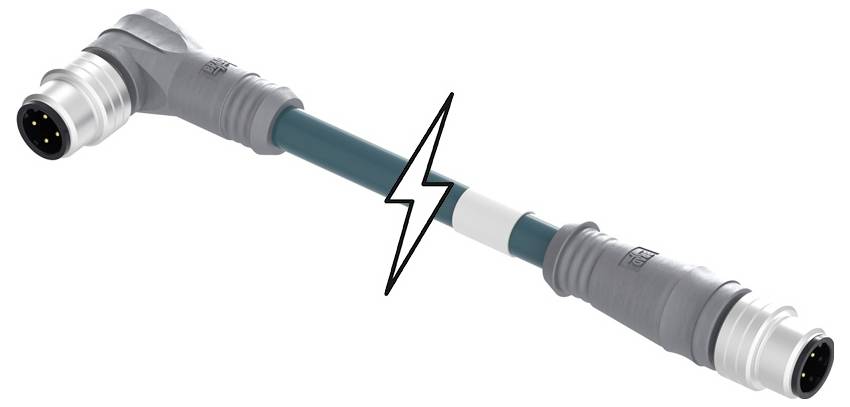 Modrý elektrický kábel s dvoma konektormi, prepojený symbolom blesku, čo naznačuje elektrický prúd alebo prenos energie.