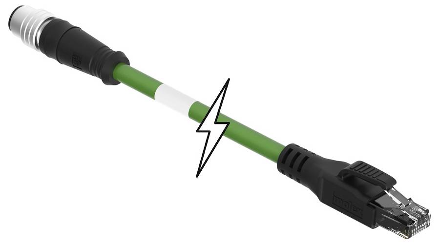 Digitálny XLR na ethernetový adaptér so symbolom blesku, ktorý symbolizuje rýchly prenos dát. Ľavý koniec s XLR konektorom, pravý s RJ45 konektorom.
