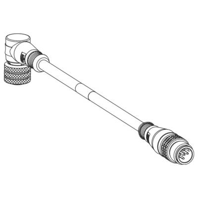 Technický diagram kábla s guľatým konektorom na oboch koncoch. Detaily zobrazujú miesta pripojenia a drážkovanie.