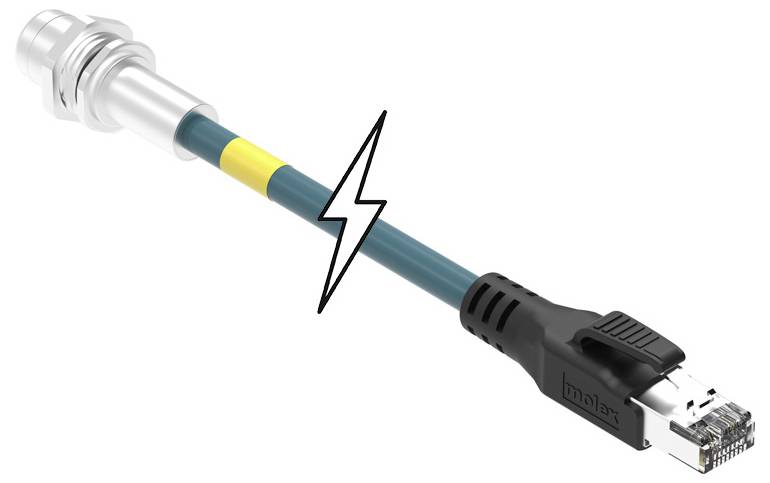 Na obrázku je priemyselný ethernetový kábel s kovovým konektorom v farbách modrá, žltá a zelená, ktorý poukazuje na elektrickú konektivitu.