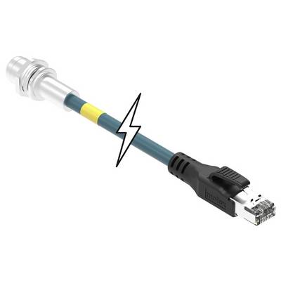 Na obrázku je priemyselný ethernetový kábel s kovovým konektorom v farbách modrá, žltá a zelená, ktorý poukazuje na elektrickú konektivitu.