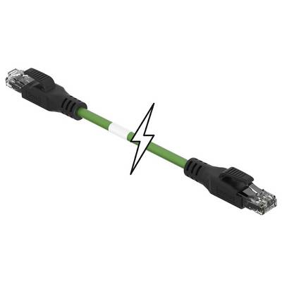 Zelený ethernetový kábel s čiernymi konektormi a bleskom uprostred symbolizuje rýchly prenos dát.