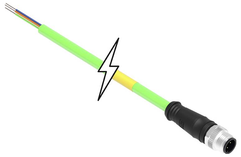 Zelený elektrický kábel s čiernou zástrčkou a symbolom blesku, ktorý signalizuje elektrický prúd alebo nebezpečenstvo.