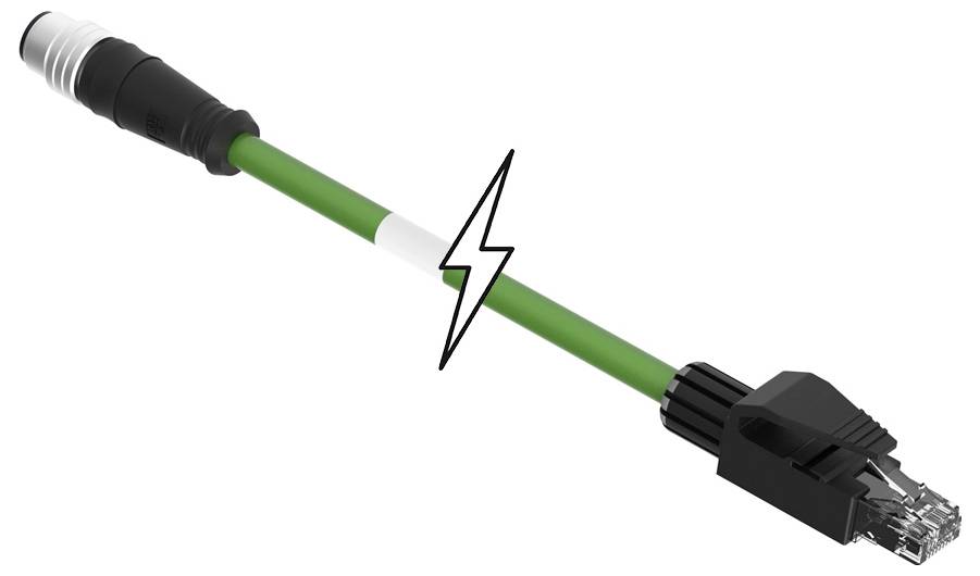 Zelený kábel s čiernym a bielym konektorom, cez ktorý prechádza symbol blesku, čo naznačuje elektrickú spojku.