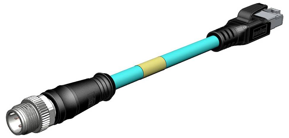 Modrý ethernetový kábel s okrúhlou čiernou zástrčkou na jednej strane a RJ45 konektorom na druhej strane.