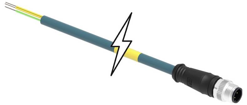 Elektrický kábel s kovovým zástrčkou a symbolom blesku, ktorý predstavuje elektrotechnické prepojenie.
