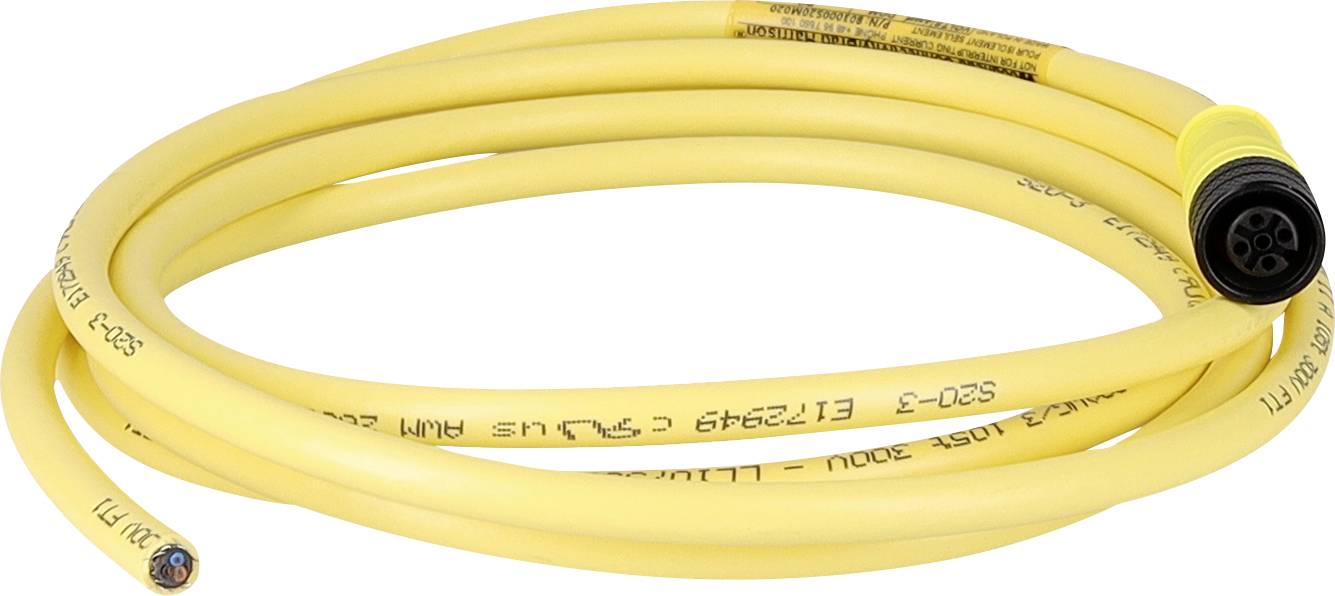 Stočený žltý elektrický kábel so štvorpólovým konektorom na jednom konci a holými vodičmi na druhom konci, používaný v priemyselných aplikáciách.