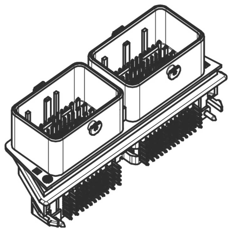 Elektronický konektor s dvoma slotmi a viacerými prípojkami, ktoré sa používajú na mechanické a elektrické pripojenie.